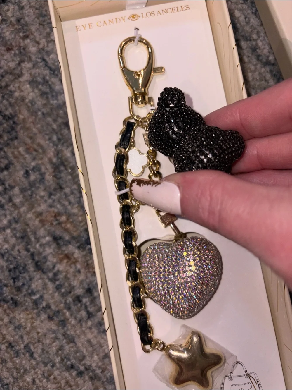 Eye Candy LA Gold Rhinestone Bear & AB Heart Handbag Charm New